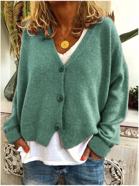 Elegant dames V-hals cardigan vest met knopen en lange mouwen, ideaal voor lente en herfst casual outfits.