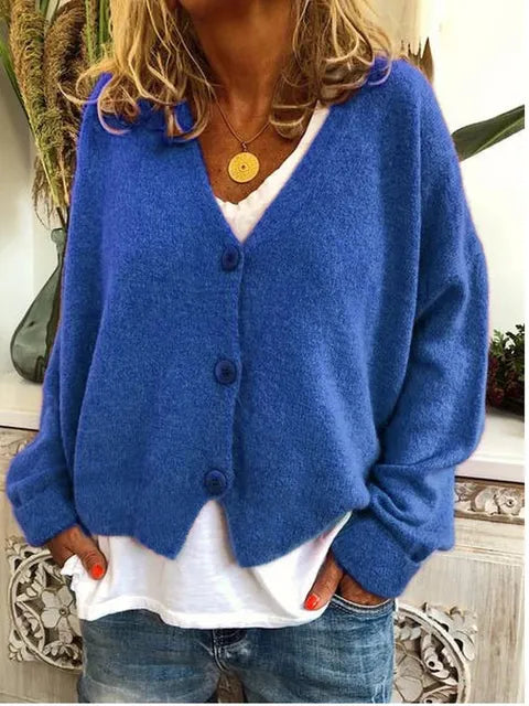 Zacht en elegant damesvest met V-hals en knopen, een comfortabele trui geschikt voor lente en herfst.