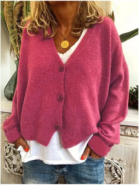 Dames cardigan trui met V-hals en knopen, een veelzijdig en comfortabel kledingstuk voor herfst en lente.