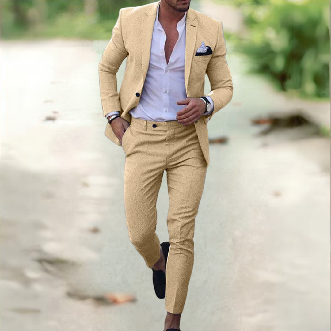 Compleet Jason slimfit herenpak: een elegante blazer en broek voor een zakelijke of feestelijke outfit.