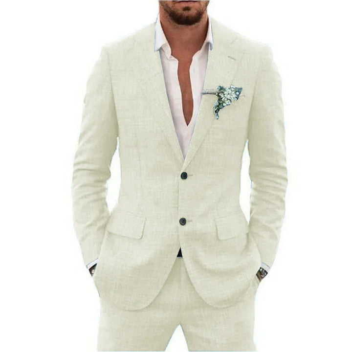 Ivoor slim-fit linnen herenpak. Tweedelig, ademend en perfect als formeel of casual zomerpak voor de moderne man.