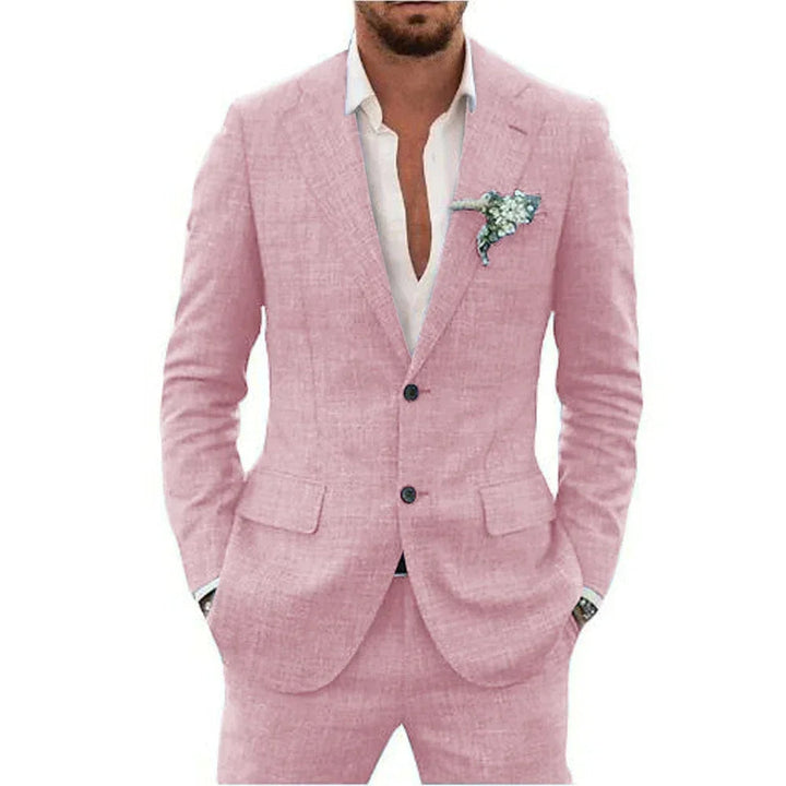 Stijlvol roze slim-fit linnen herenpak. Comfortabel zomerpak voor bruiloftsgasten, gala of casual mannenmode.