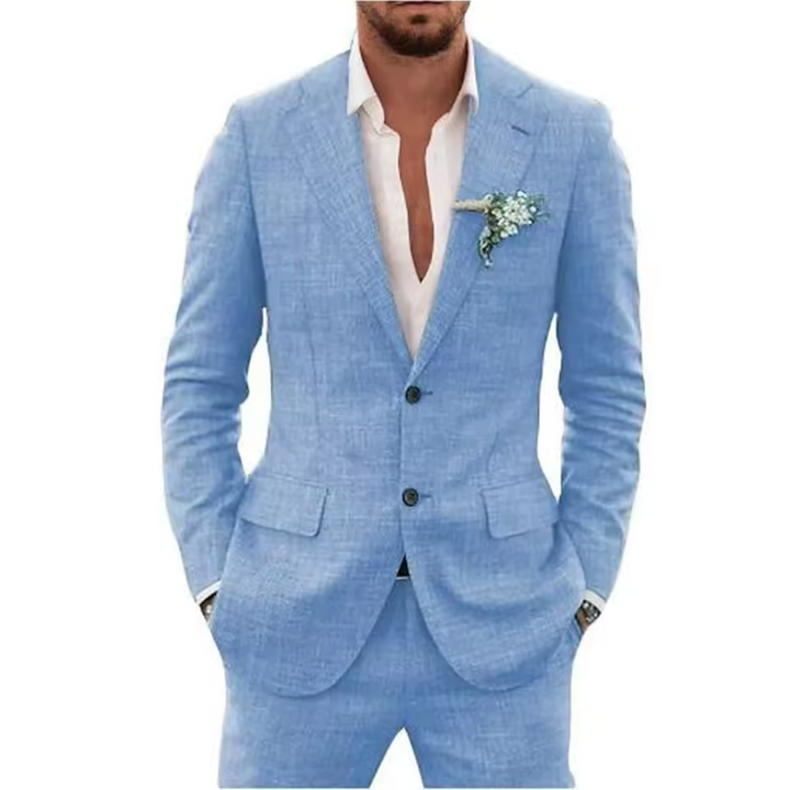 Mannen linnen pak met slim-fit pasvorm. Tweedelig en ademend, ideaal voor zomerse dagen en elegante gelegenheden.