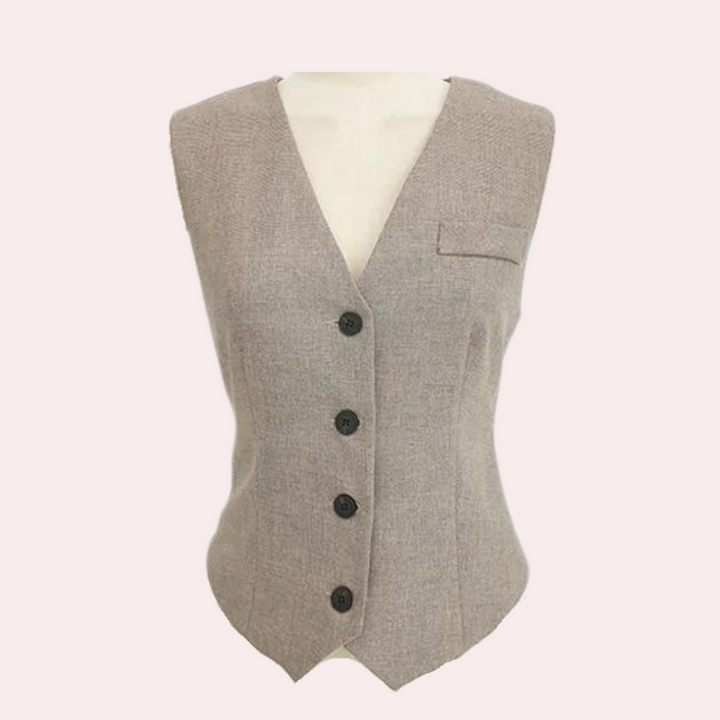 Elegante 3-delige dames zomerset in khaki: pantalon, gilet en blazer. Stijlvol en veelzijdig voor elke gelegenheid.