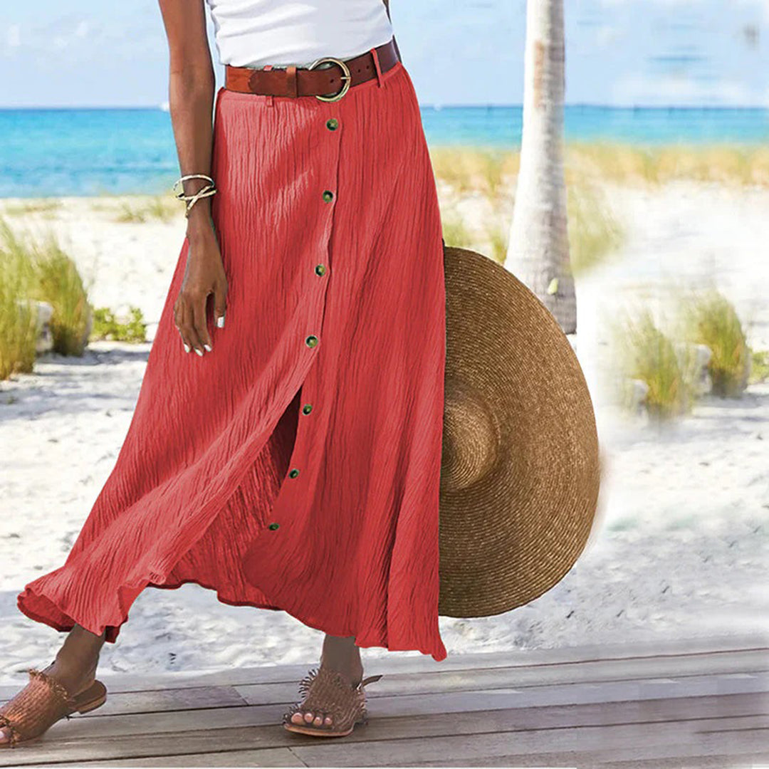 "Elegante A-lijn damesrok, ademend polyester, knoopdetails, mid-waist, comfortabele pasvorm voor lente en zomer."