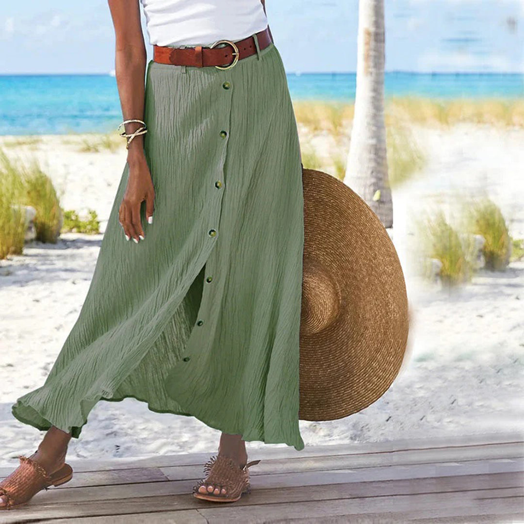 "Elegante A-lijn damesrok, ademend polyester, knoopdetails, mid-waist, comfortabele pasvorm voor lente en zomer."