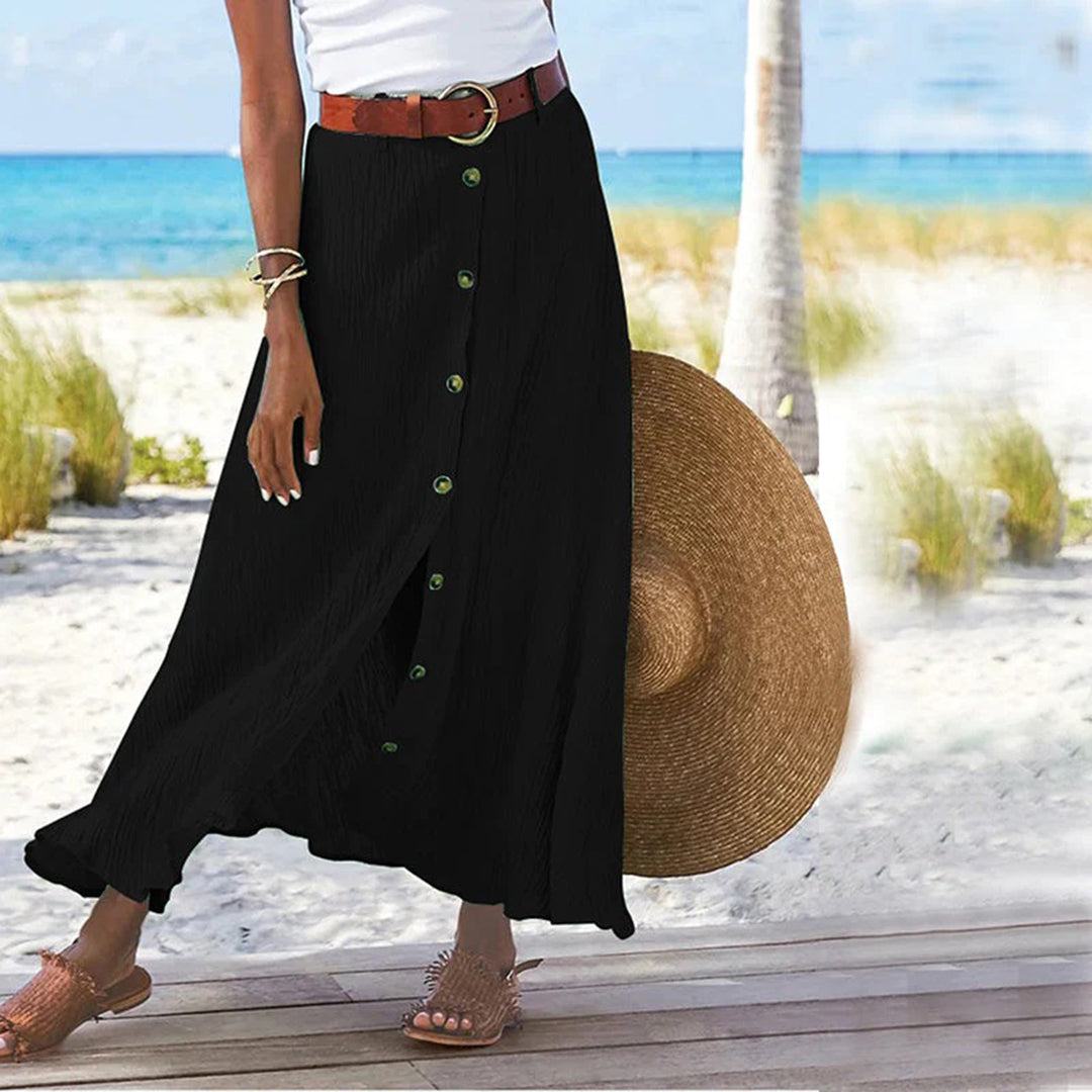 "Elegante A-lijn damesrok, ademend polyester, knoopdetails, mid-waist, comfortabele pasvorm voor lente en zomer."
