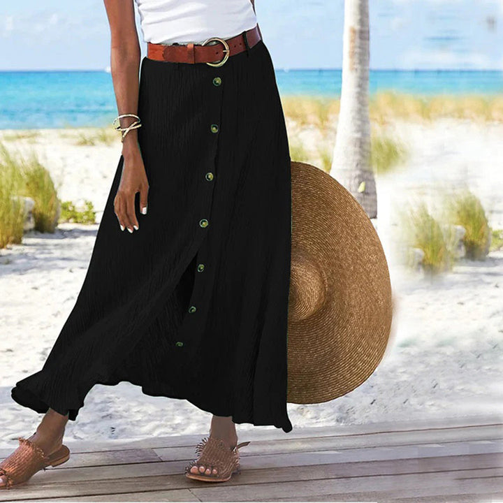 "Elegante A-lijn damesrok, ademend polyester, knoopdetails, mid-waist, comfortabele pasvorm voor lente en zomer."