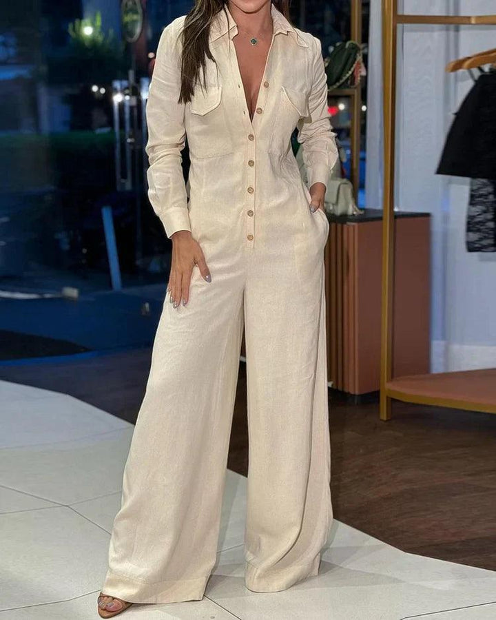 Dames jumpsuit met knopen, lange mouwen en wijde pijpen, moderne comfortabele kleding voor elke dag.