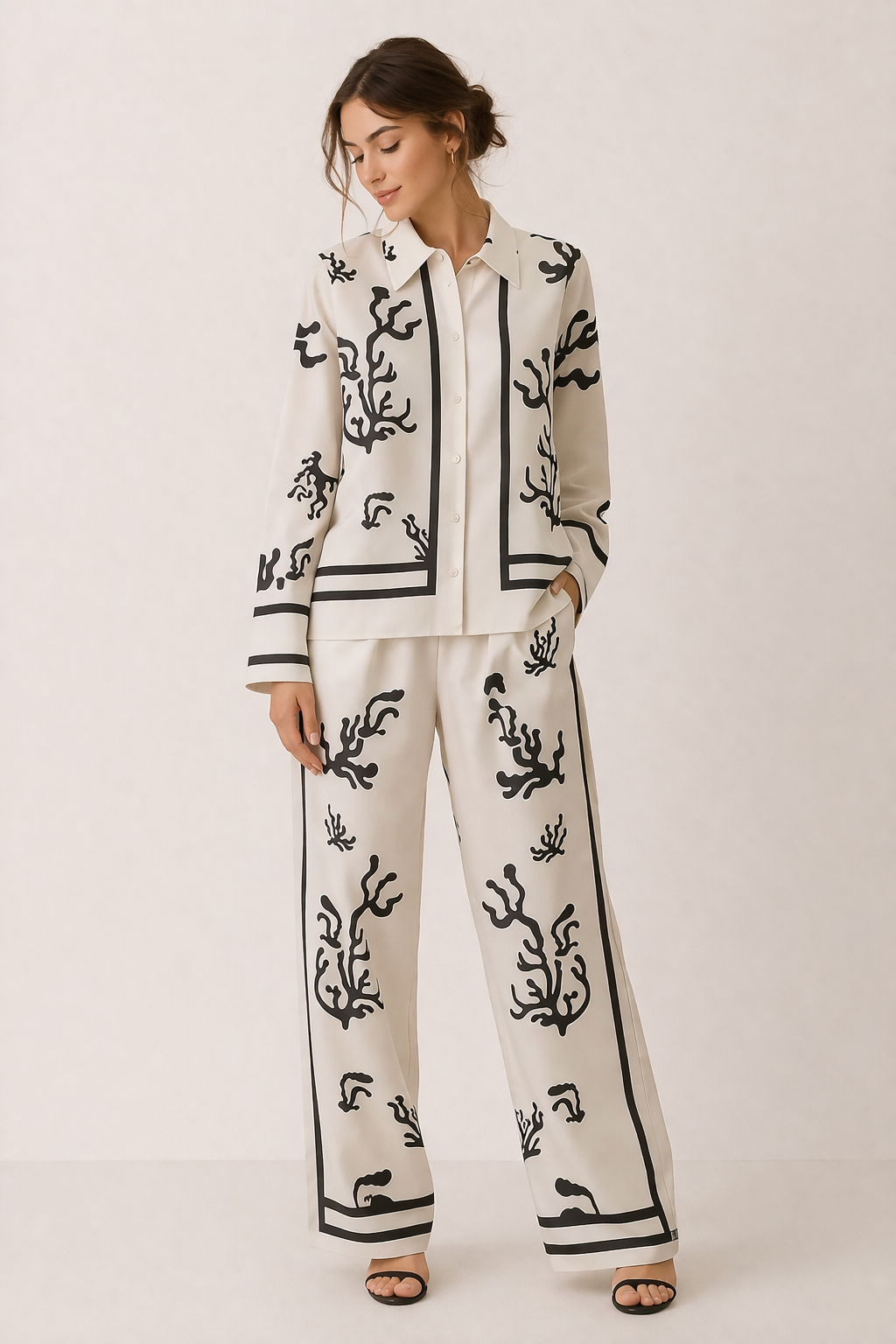 Elegante beige damesset met wijde broek en blouse, verfraaid met delicate pioenroos print, perfect voor de zomer.