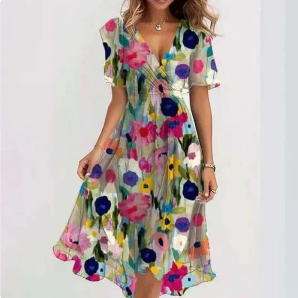 "Elegante bloemenjurk met V-hals, vlindermouwen en bloemenprint, perfect voor zomerse gelegenheden en tuinfeesten."
