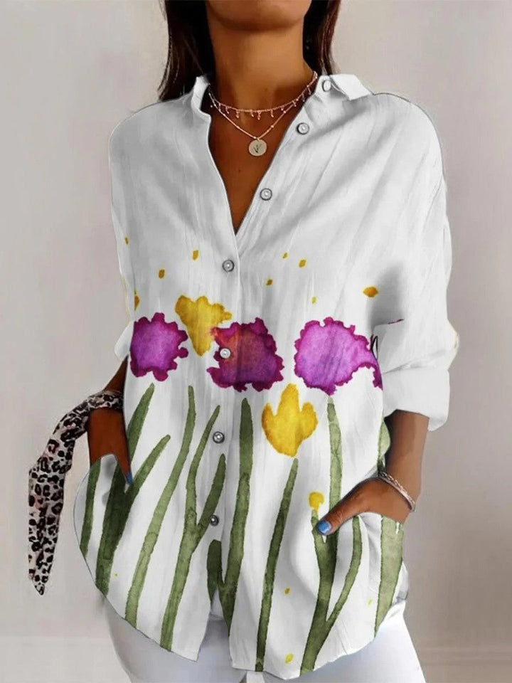 Elegante blouse met levendige bloemenprint, V-hals, comfort fit, lange mouwen, geschikt voor elke gelegenheid.