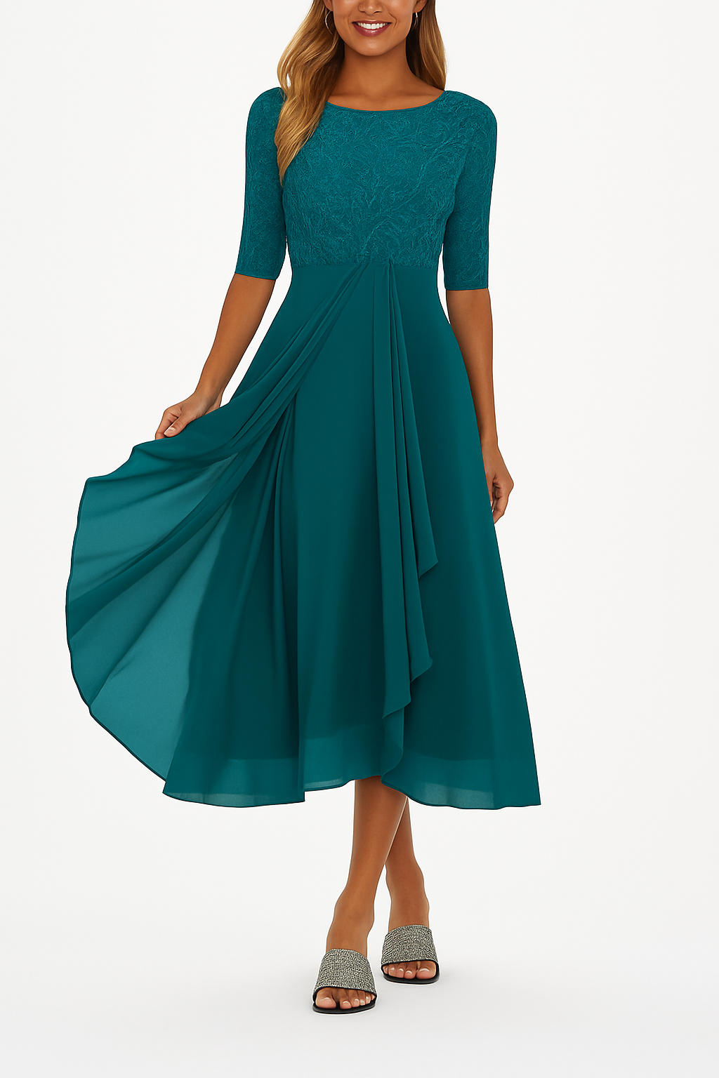 Flatterende champagne midijurk voor dames, met een elegant bovenstuk en een wijde zwierige feestrok.
