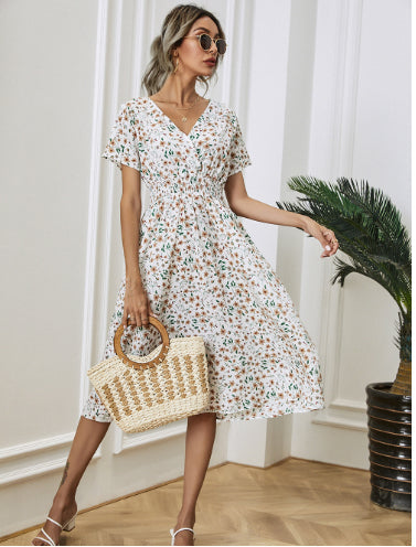 "Elegante chiffon jurk met V-hals, korte mouwen en midden taille, zachte lichtgewicht stof voor dames, trendy en ademend."