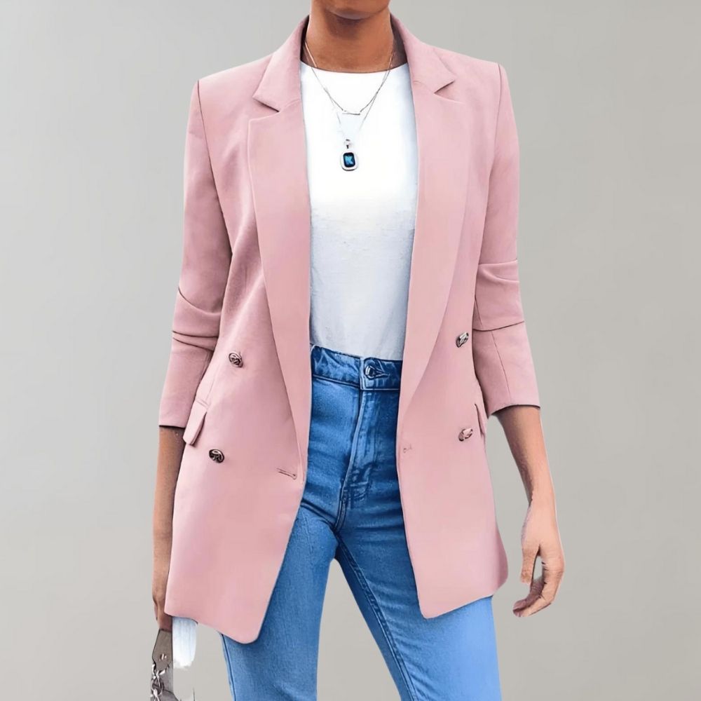 Marineblauwe dames blazer, elegant en veelzijdig, geschikt als kantoor outfit of casual damesmode.