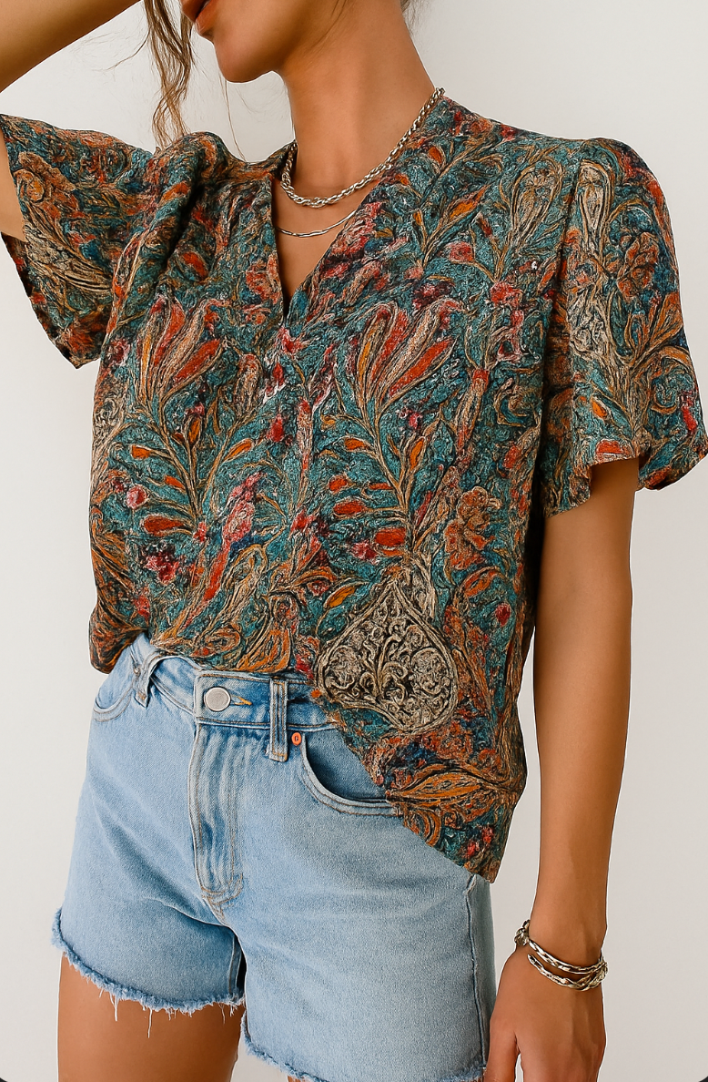 Elegante dames blouse met V-hals en korte plofmouwen, perfect voor een chique zomerse look.