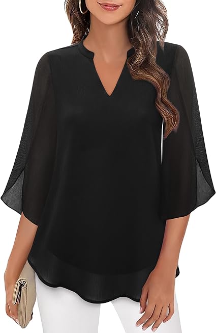 Elegante dames blouse met V-hals en transparante mouwen, ideaal voor een modieuze look.