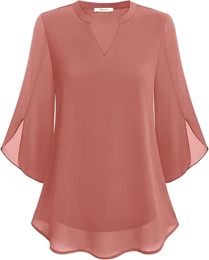 Trendy dames blouse met transparante mouwen en diepe V-hals, geschikt voor casual en zakelijke stijl.
