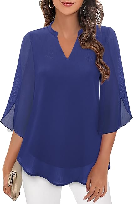 Luchtige dames blouse met V-hals en transparante mouwen, perfect voor een comfortabele zomerse outfit.
