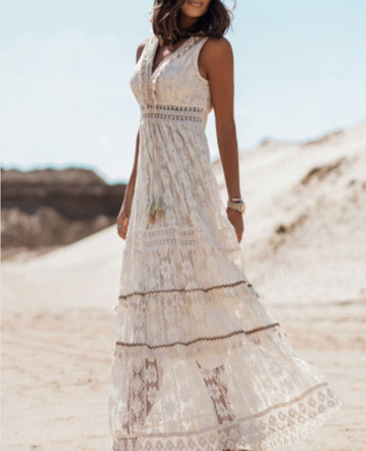 Mouwloze elegante dames maxi jurk, ademend voor comfort op warme zomerdagen, met een boho-look.