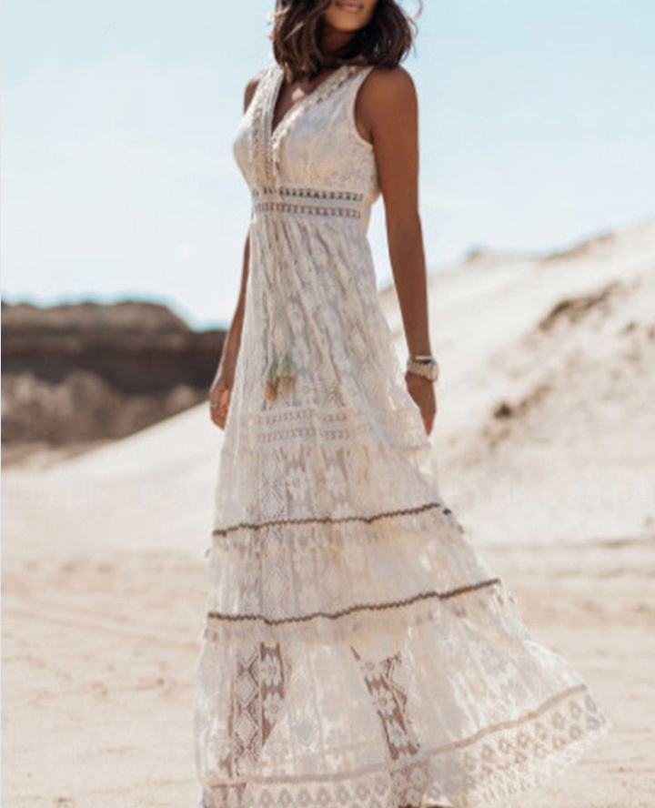Mouwloze elegante dames maxi jurk, ademend voor comfort op warme zomerdagen, met een boho-look.