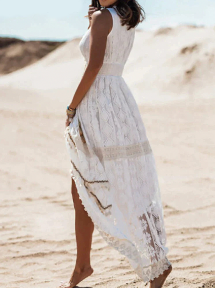Luchtige ademende dames zomerjurk, mouwloos maxi model in boho stijl, perfect voor comfort en elegantie.