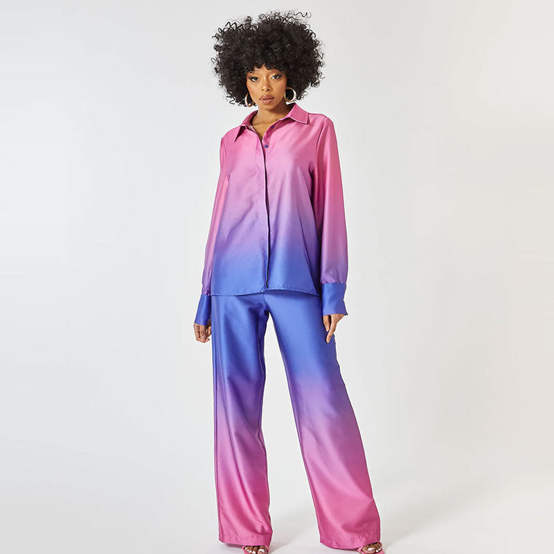 Stijlvolle dames co-ord set met trendy pofmouwen blouse en matching rechte broek, voor een elegante uitstraling.