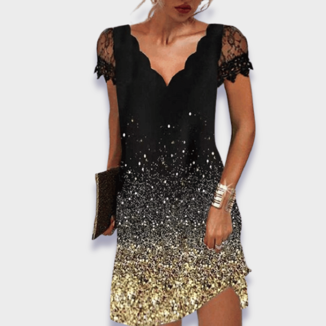 Moderne dames midi cocktailjurk met kanten korte mouwen en V-hals voor feestelijke en formele gelegenheden.