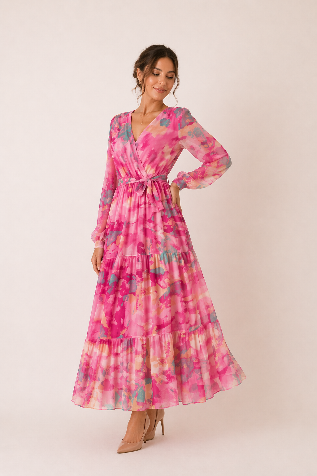 Elegante dames gebloemde midi-jurk met lange mouwen, perfect voor de lente. Comfortabele pasvorm voor dagelijks gebruik.