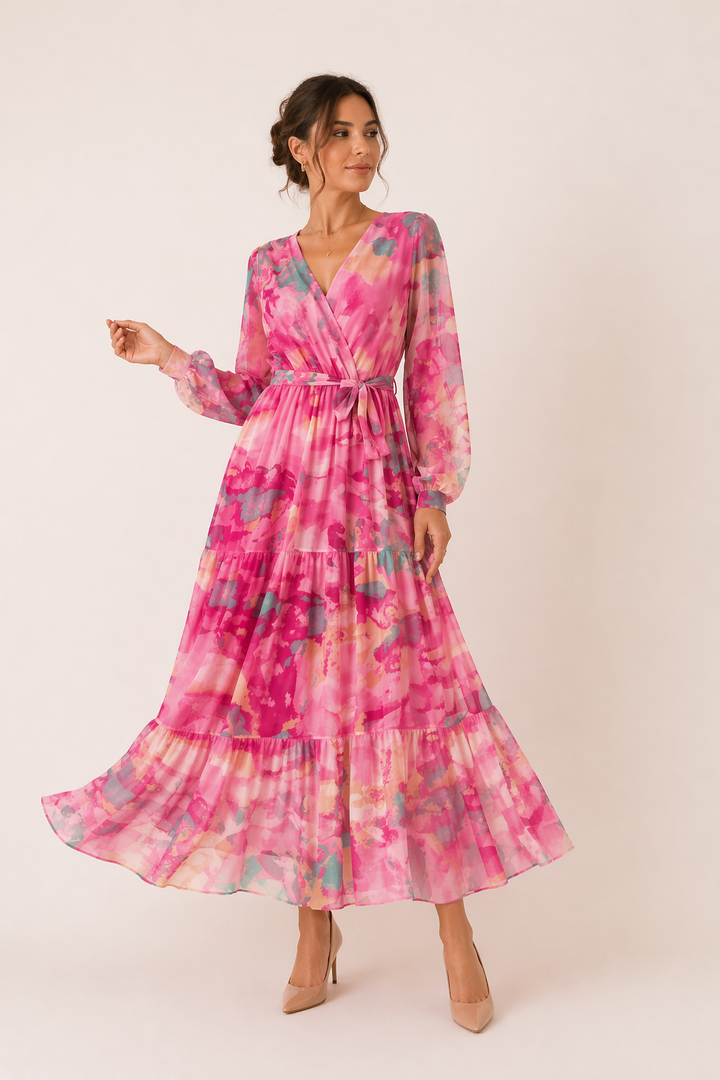 Veelzijdige gebloemde lente midi-jurk voor dames, met lange mouwen, ideaal als kantoorjurk of voor casual gelegenheden.