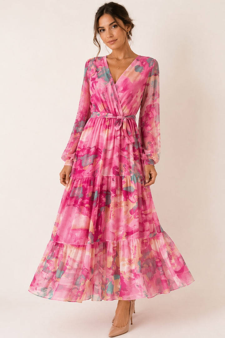 Chique dames lente midi-jurk met levendig bloemenpatroon en lange mouwen. Een stijlvolle keuze voor elke vrouw.