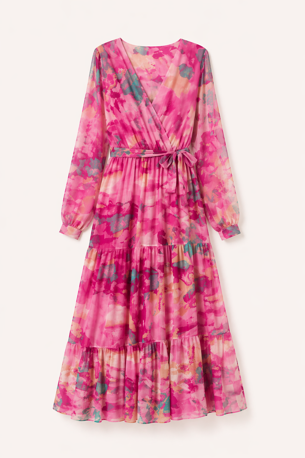Model draagt een stijlvolle gebloemde midi-jurk met lange mouwen, ideaal voor een lente outfit of elegante look.