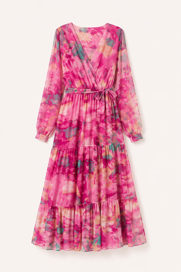 Model draagt een stijlvolle gebloemde midi-jurk met lange mouwen, ideaal voor een lente outfit of elegante look.