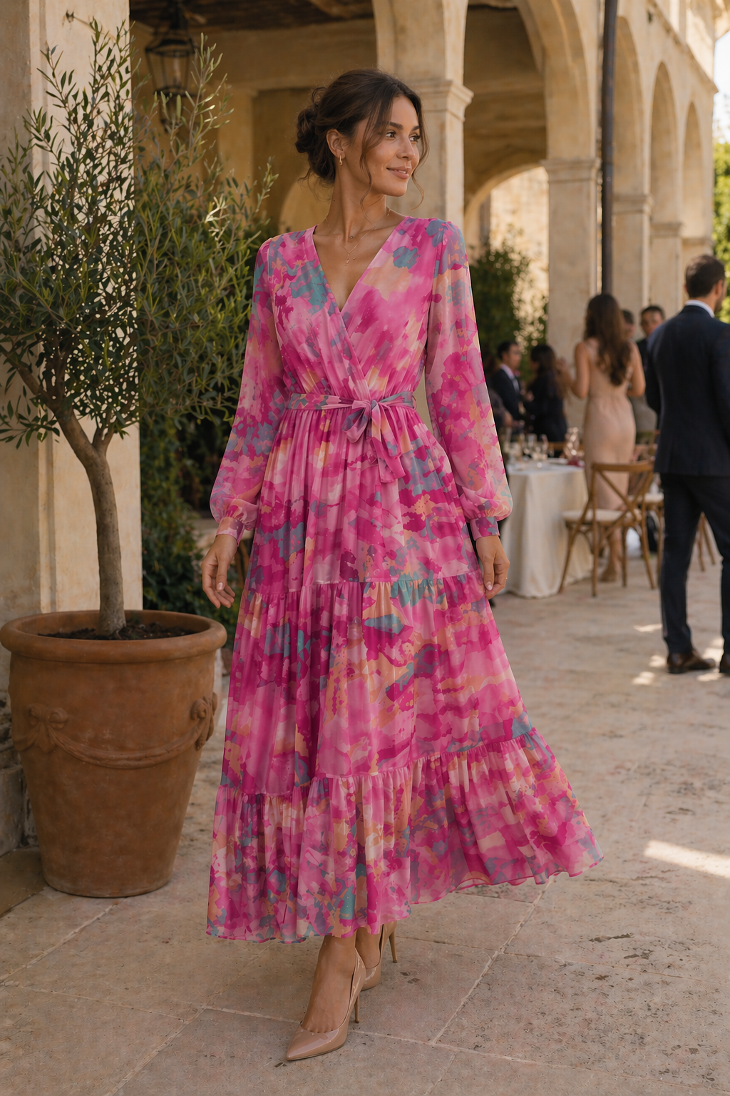 Luchtige lente midi-jurk voor dames, gebloemd en met lange mouwen. Ideaal voor een comfortabele en elegante look.