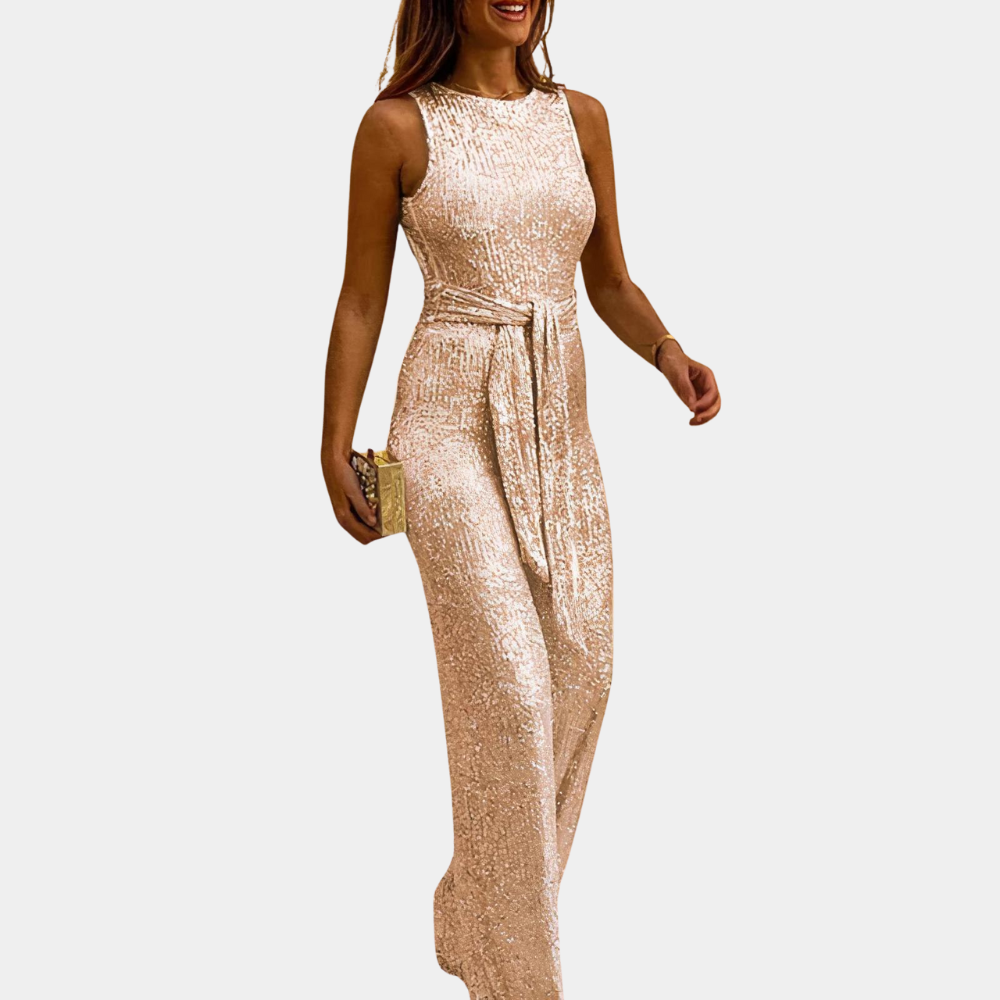 Rode feest jumpsuit voor dames, ideaal voor cocktails en avondjes uit. Elegante glitter jumpsuit.