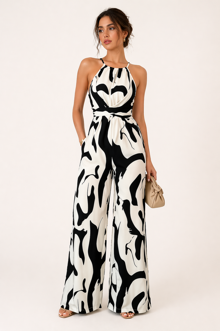 Stijlvolle dames halter jumpsuit met wijde pijpen, een comfortabele en elegante keuze voor feestjes en avonden.