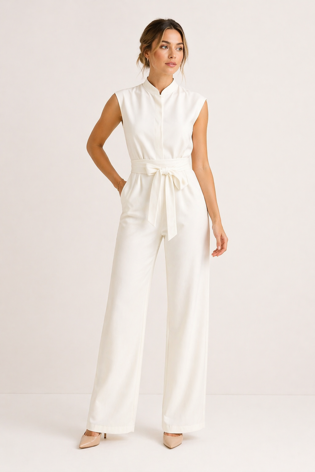 Stijlvolle dames jumpsuit met wijde pijpen en strikriem voor een chique look. Geschikt voor kantoor of feest.