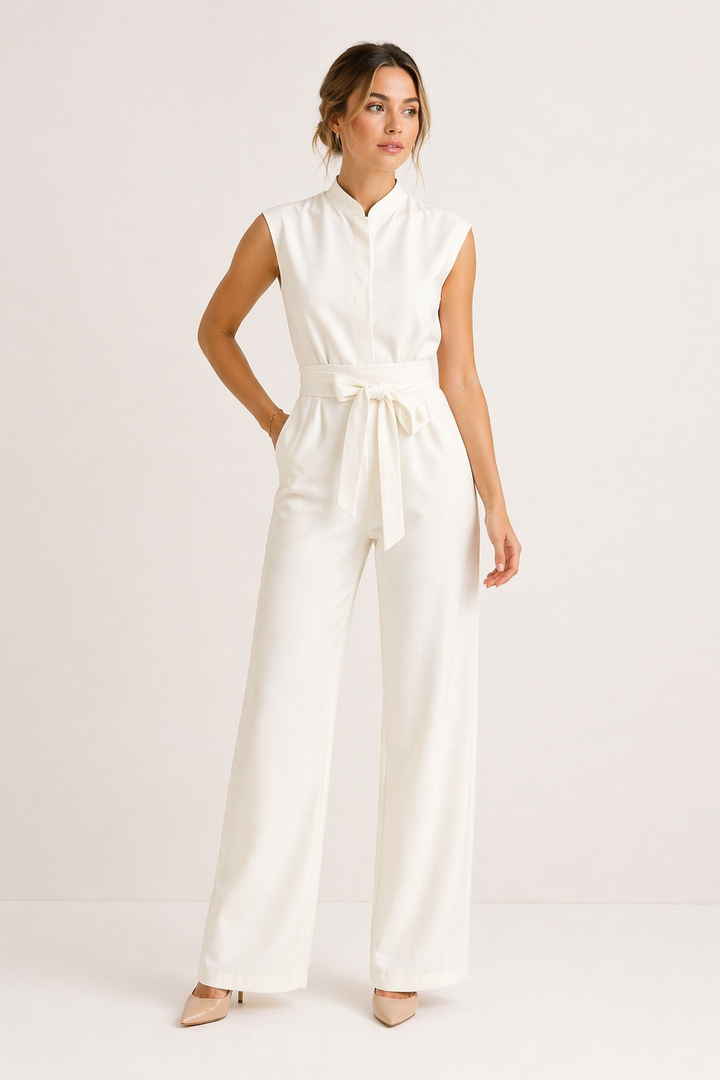 Stijlvolle dames jumpsuit met wijde pijpen en strikriem voor een chique look. Geschikt voor kantoor of feest.