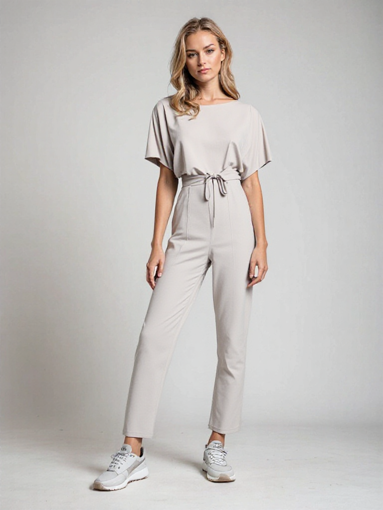 Casual chic dames jumpsuit met ceintuur en korte mouwen, ideaal voor een relaxte zomerlook.
