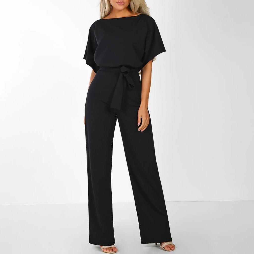 Comfortabele dames jumpsuit met korte mouwen en ceintuur; veelzijdige mode voor elke gelegenheid.