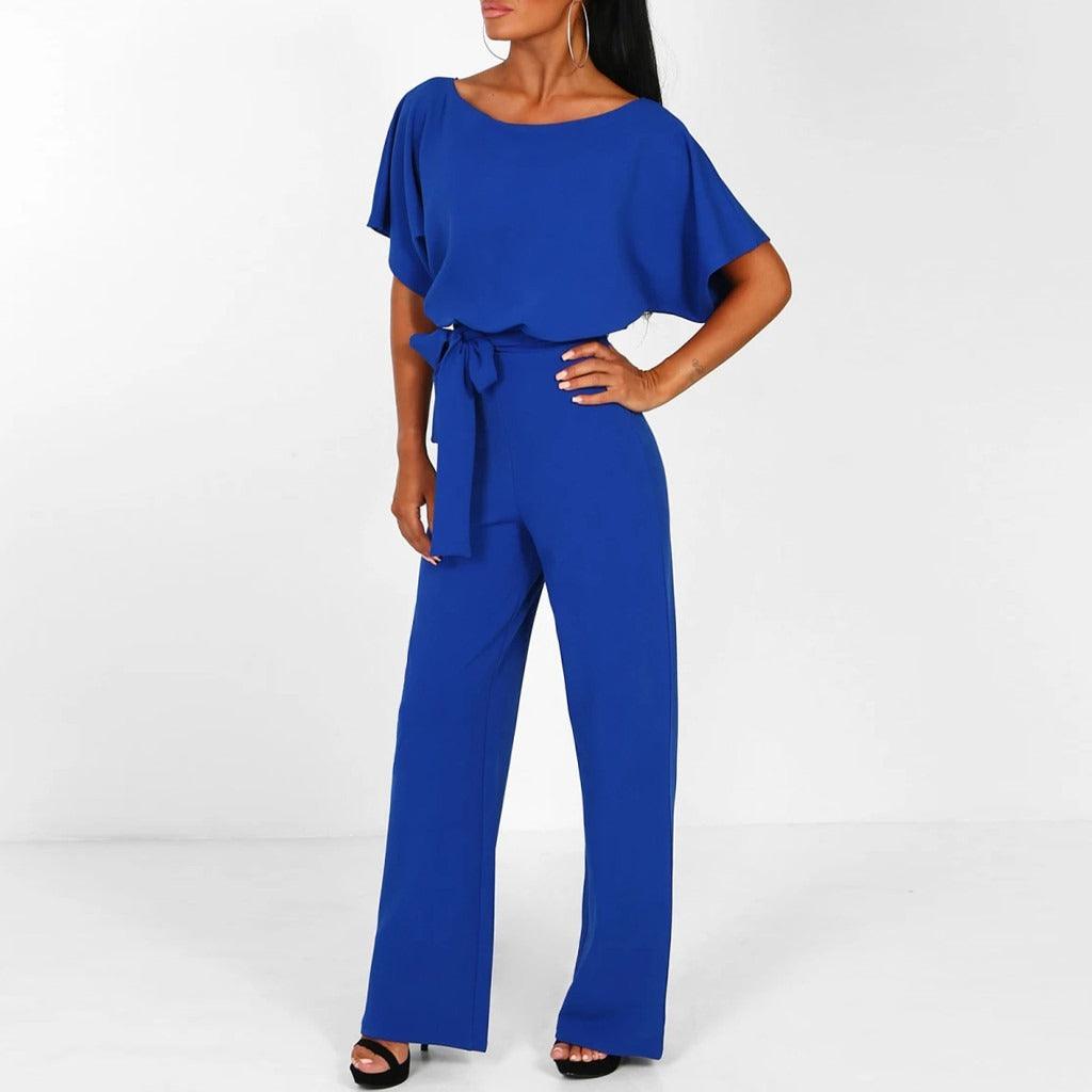 Dames jumpsuit met chique ceintuur en korte mouwen, een moderne en elegante toevoeging aan je garderobe.
