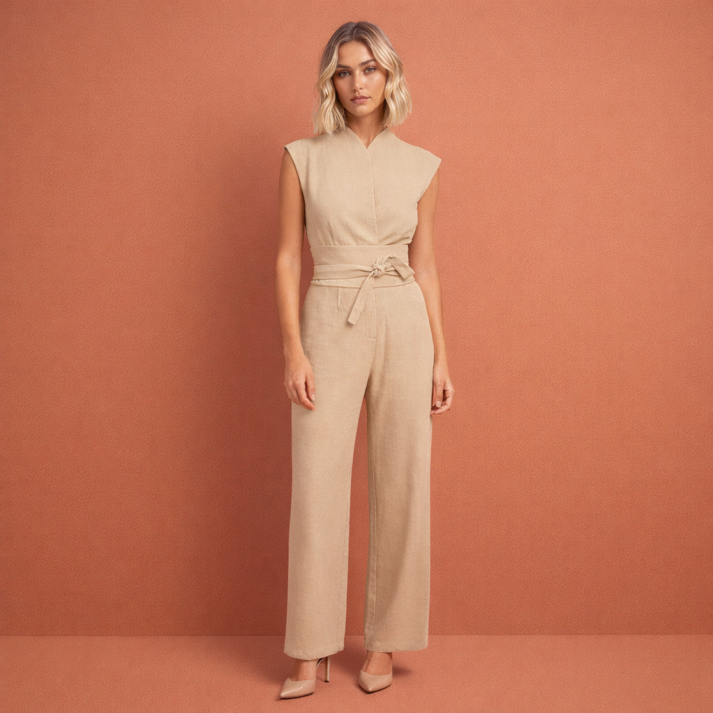 Modieuze dames jumpsuit met V-hals, geschikt voor lente, zomer en herfst. Een veelzijdig kledingstuk voor elke vrouw.