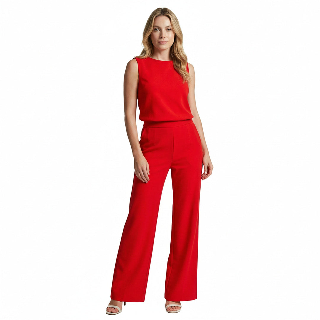 Elegante dames jumpsuit mouwloos met wijde pijpen en ronde hals; stijlvol voor zakelijk, avond of casual chic.