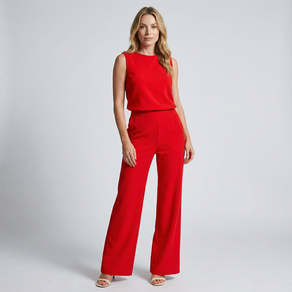 Mouwloze dames jumpsuit met wijde pijpen en ronde hals, comfortabel en modieus one-piece voor zomerse dagen.