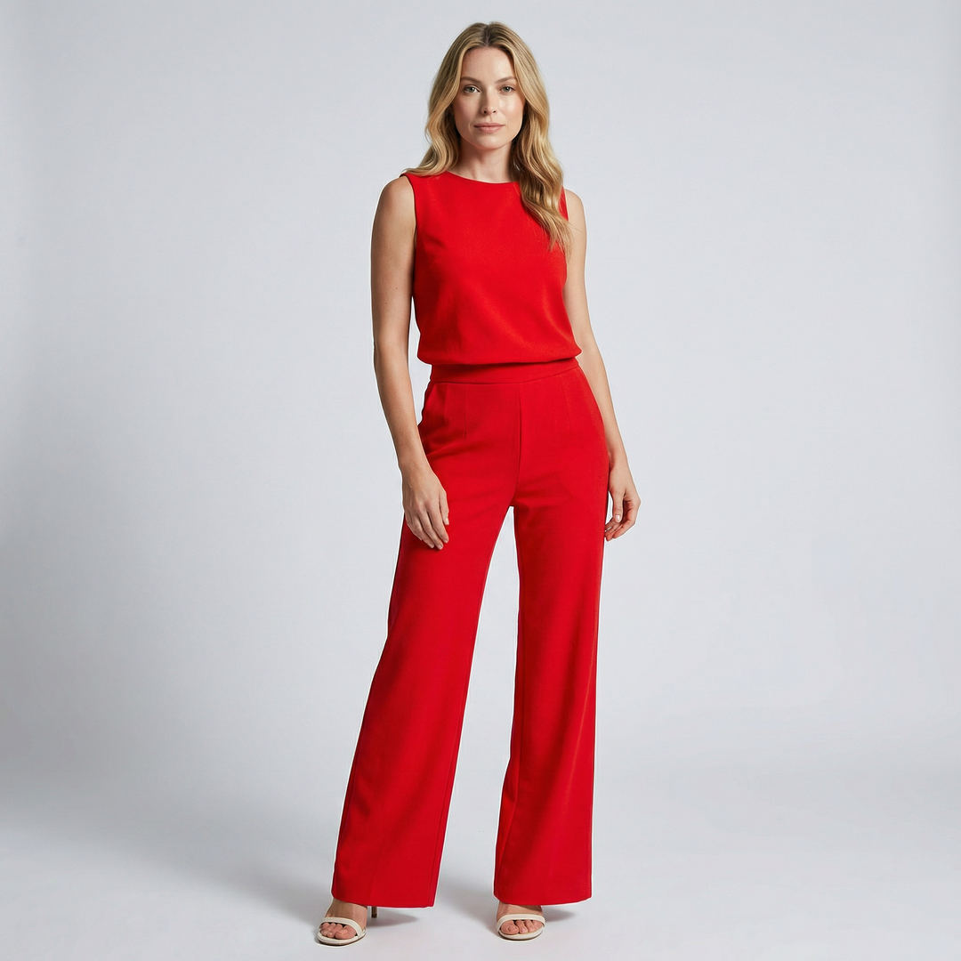 Mouwloze dames jumpsuit met wijde pijpen en ronde hals, comfortabel en modieus one-piece voor zomerse dagen.