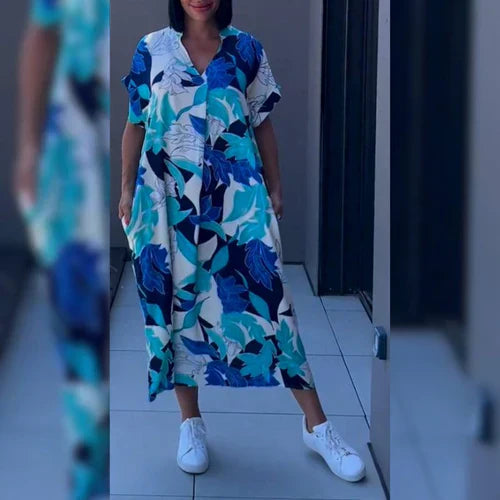Casual en comfortabele dames kaftan midijurk, ideaal als zomerjurk voor strand of vakantie.
