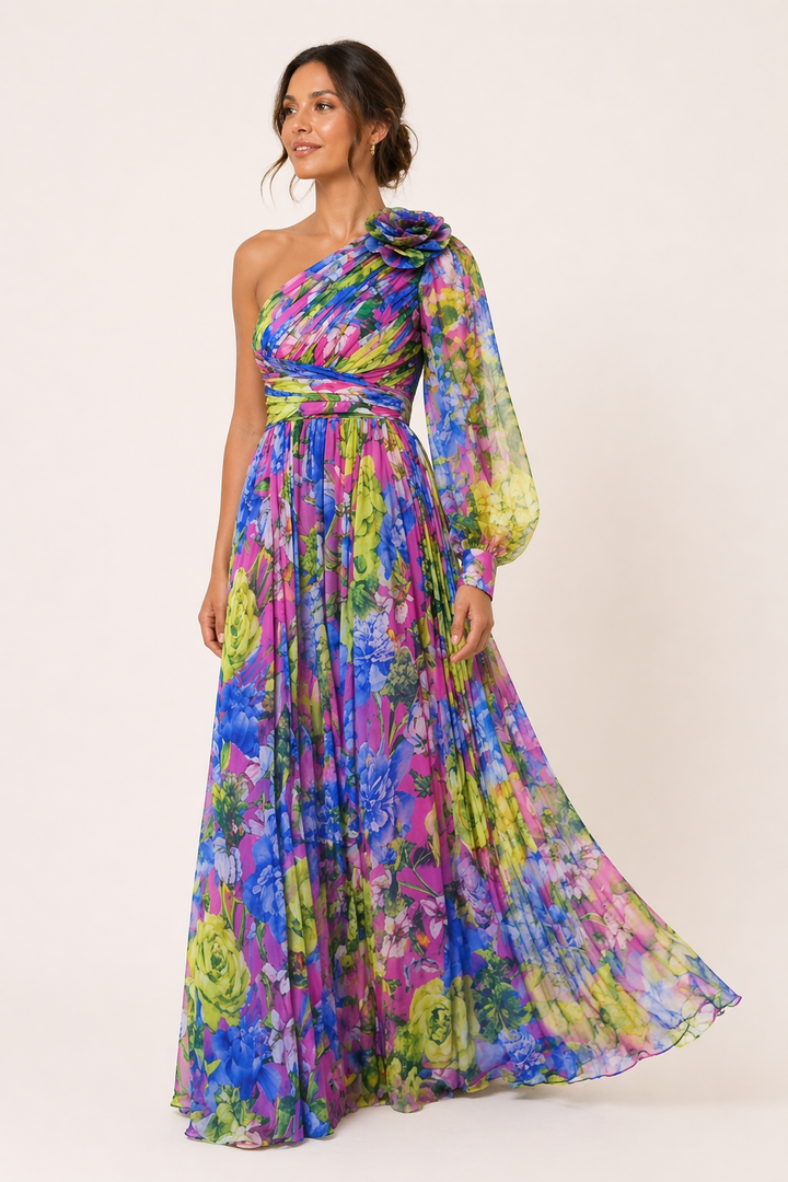 Comfortabele avondjurk met een schouder en bloemendessin, lange paarse jurk met split voor dames.