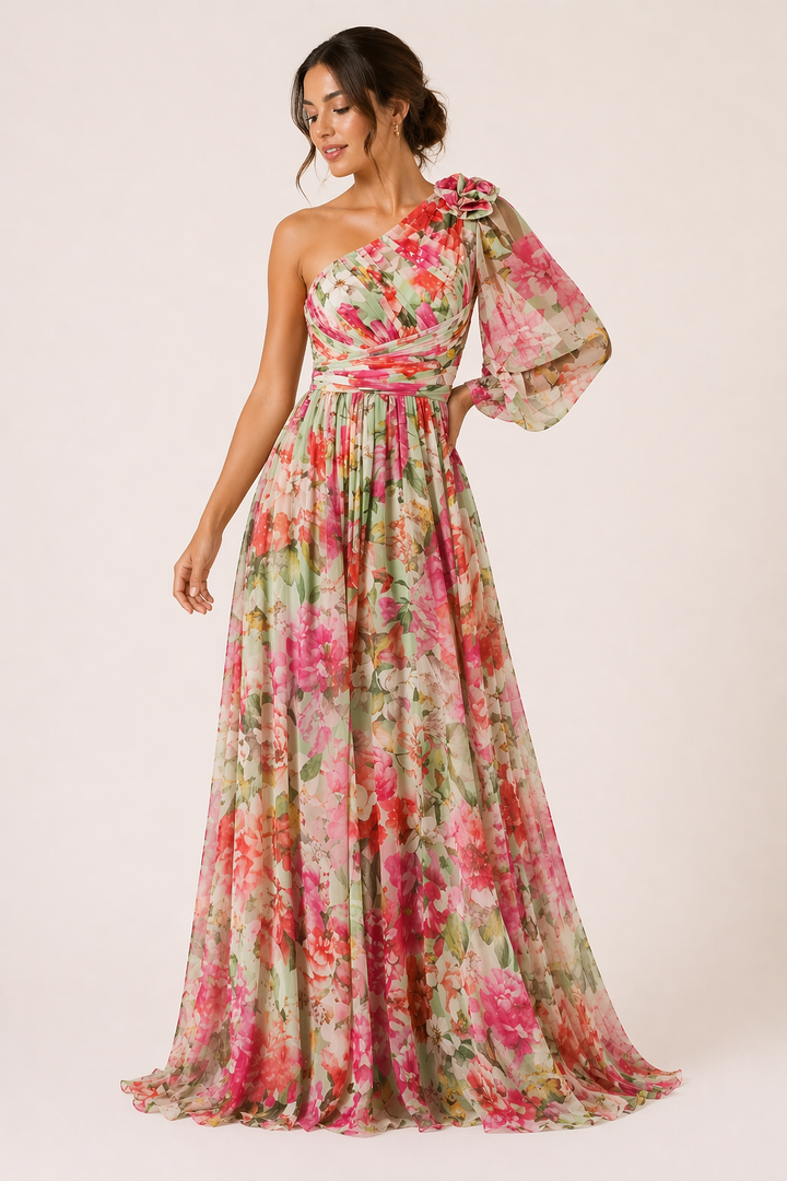 Prachtige gebloemde lange jurk met split, comfortabel en elegant voor een zomerse dag of speciale avond.