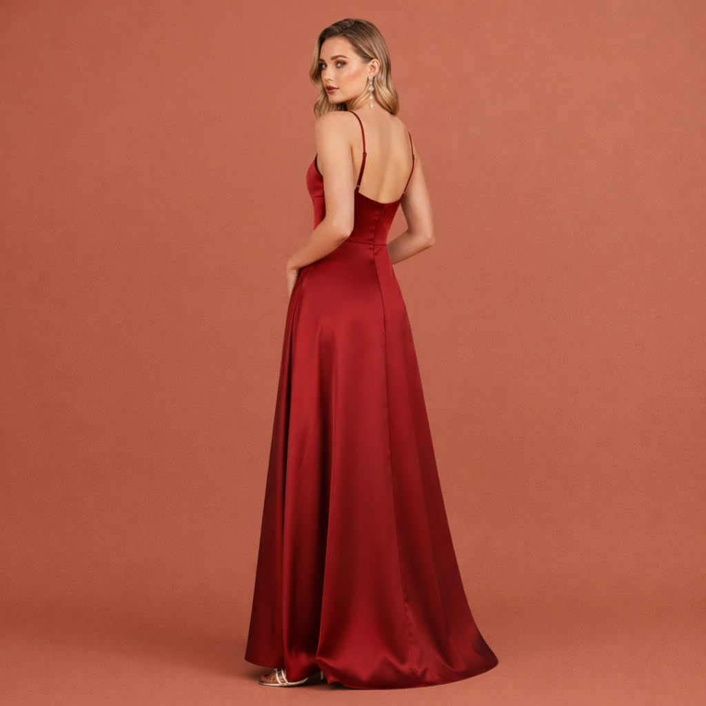 Chique maxi jurk voor vrouwen, een formele feestjurk met een sensuele split en slanke bandjes.