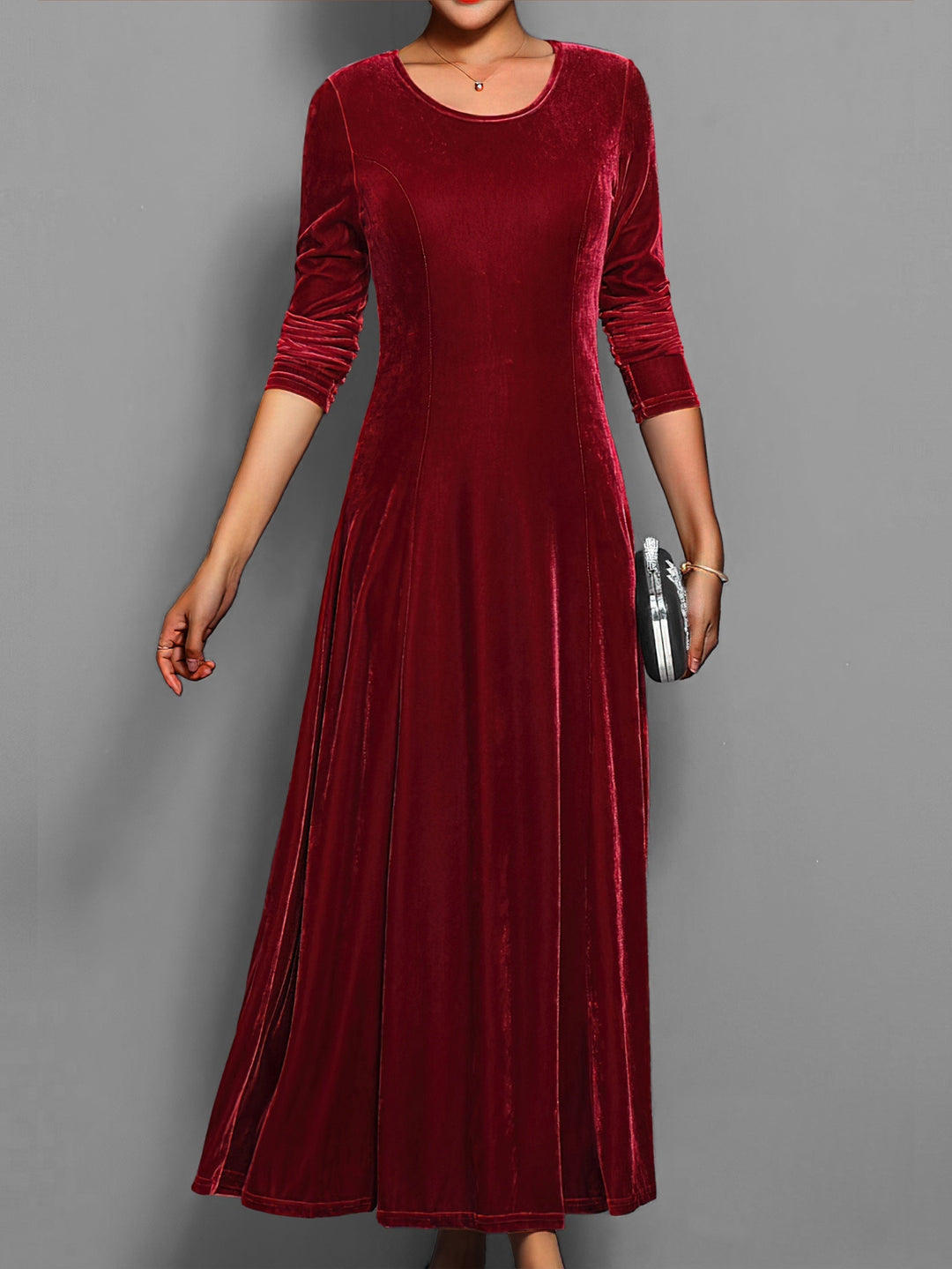 Elegante dames maxi feestjurk met lange mouwen en ronde hals, perfect voor avonden en bruiloften.